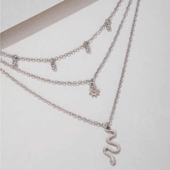 Silver Snake Rhinestone Layered Necklace - Picture 2 of 2
